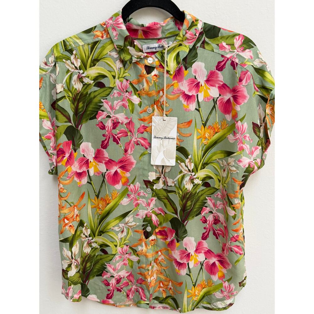 Tommy Bahama 100% Silk Tropical Floral Camp Shirt Top NWT Size Small Green Pink - Picture 2 of 4